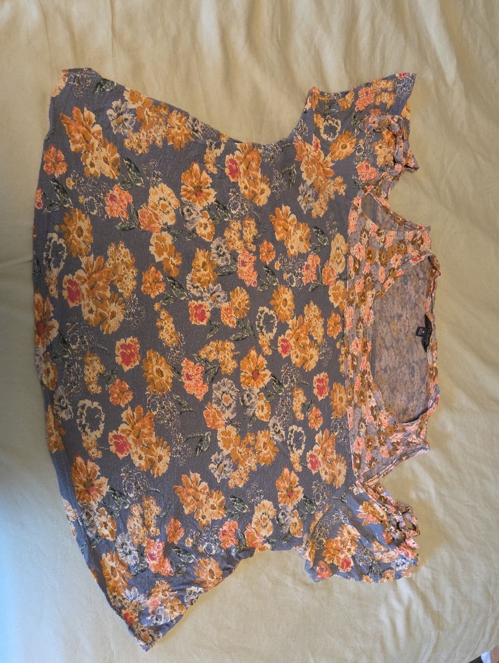 Lucky Brand Dusty Blue Floral Ruffle Sleeve Top